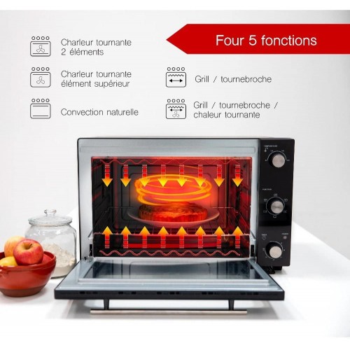 Four multifonction 58L chaleur tournante tournebroche grill 2000W ARIZONA noir 5 programmes de cuisson avec minuterie et accessoires