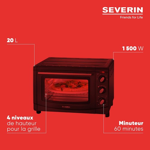 SEVERIN Mini-Four à chaleur tournante 20 L avec pierre à pizza et tournebroche Four posable 1 500 W design simple et élégant Mini-four électrique minuteur 60 min Noir TO 2068