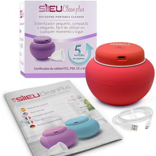 Sileu Clean Plus Stérilisateur électrique rechargeable USB compact pour verres menstruels Lampe à quartz UV et ozone Rouge
