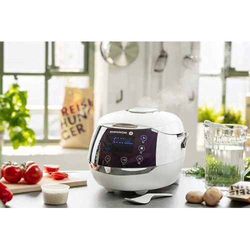 Reishunger Cuiseur de riz & cuiseur vapeur numérique blanc avec avec bol en céramique & 12 programmes technologie 7 phases jusqu'à 8 personnes Robot cuiseur