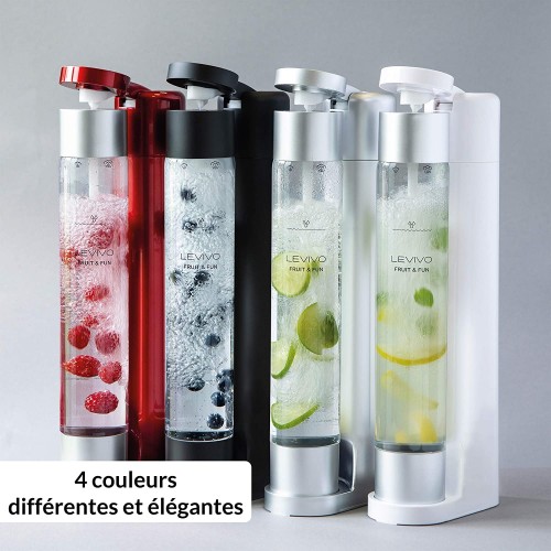 Levivo Machine à eau gazeuse Slim Fruit & Fun bouteille de gazéification 1 L gaz pour eau cocktails et autres boissons avec Technologie AIR CHARGE couleurs : Blanc