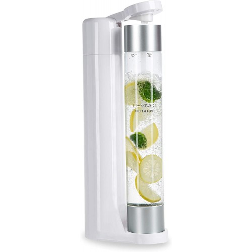 Levivo Machine à eau gazeuse Slim Fruit & Fun bouteille de gazéification 1 L gaz pour eau cocktails et autres boissons avec Technologie AIR CHARGE couleurs : Blanc