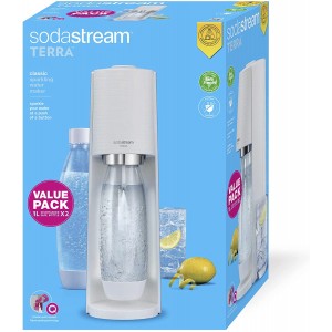 Sodastream Gasatore Terra White Value Pack x2 avec 2 bouteilles fusibles lavables au lave-vaisselle de 1 L et 1 cylindre de CO2 Quick Connect pour gazer jusqu'à 60 l