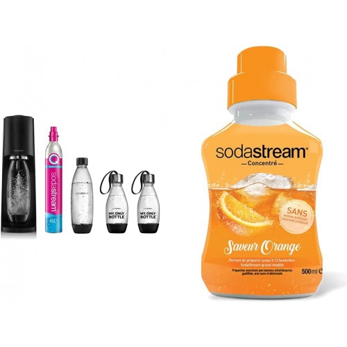 Sodastream Pack avec Machine à Eau Pétillante et Soda Terra Noire 1 Bouteille + Sodastream Concentré Saveur Orange – Sans Arôme Artificiel et Sans Colorant Artificiel – 500 ml