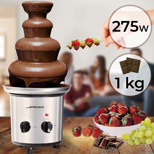 Jago® Fontaine à Chocolat 275 W 4 Étages Capacité 1 kg Électrique H 39 cm en Acier Inoxydable Lavable dans le Lave-Vaisselles Argenté Fondue au Chocolat Fruits