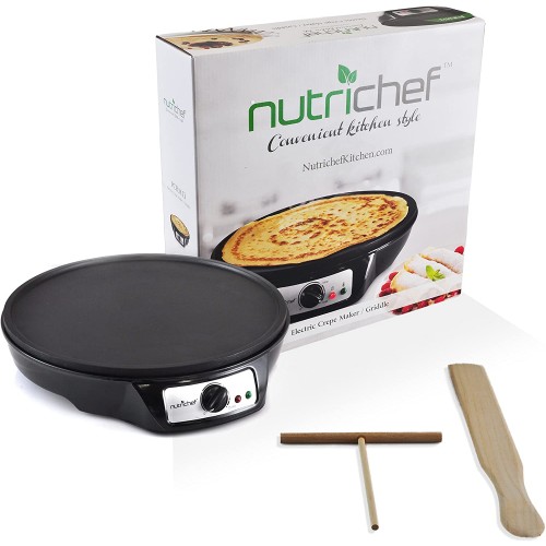 NutriChef Electric Griddle & Crepe Maker | Nonstick 12 Inch Hot Plate Cooktop | Adjustable Temperature Control | Batter Spreader & Wooden Spatula | Used Also For Pancakes Blintzes & Eggs