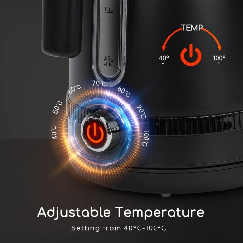 Aigostar Bouilloire Thermostat Réglable 40° à 100 ° et Fonction Maintien au Chaud 7 Températures Préréglées Pour Bouilloire à Thé Bouilloire Inox 1.7L 2200W Silencieuse Contrôle tactile Noir
