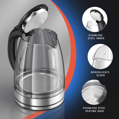 Bouilloire électrique 1,7 L – Bouilloire électrique en verre sans BPA sans fil portable avec protection d'arrêt automatique couvercle et fond en acier inoxydable