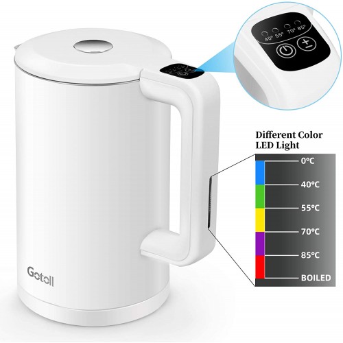 Gotoll Bouilloire Électrique Thermostat Réglable 1.7 L Bouilloire Electriques INOX 2200W Bouilloire de Voyage sans BPA avec 5 Couleurs LED Blanc