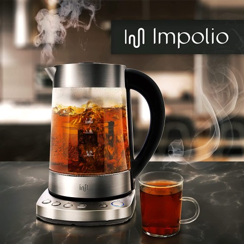 Impolio Bouilloire en verre LED de qualité supérieure avec réglage de la température et fonction de maintien au chaud passoire à thé et embout pour bouilloire « Kand » certifié par TÜV Süd