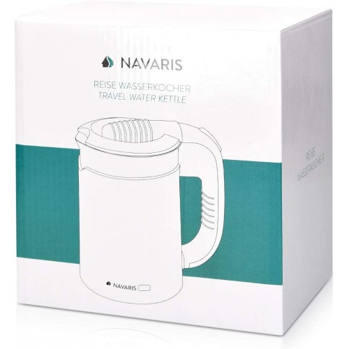 Navaris Bouilloire de voyage Mini bouilloire électrique inox 1100W 0,5 L avec 2 tasses en plastique Protection contre ébullition à vide