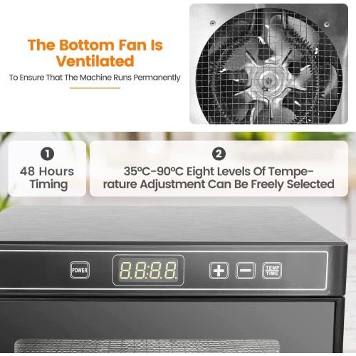 Anbull 650W déshydrateur acier inoxydable contrôle de la température du déshydrateur de 35-90℃ fonction minuterie de 48h de déshydratation sans BPA déshydrateur pour fruits- viande 6 étagères