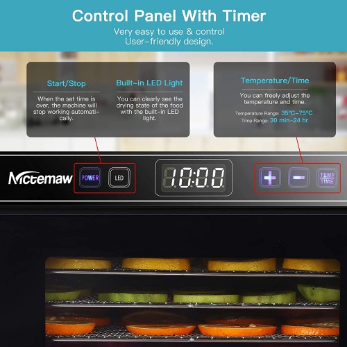 Nictemaw Déshydrateur Alimentaire avec 8 Plateaux Inox Déshydrateur de Légume de Fruit avec Minuterie et Réglages de Température écran à LED sans BPA 600W