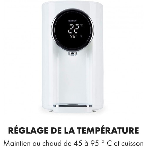 Klarstein Hot Spring Plus Distributeur d'eau chaude : réservoir d'eau: 5L écran LCD températures: 45-95 °C réservoir d'eau en inox sécurité enfants et anti-surchauffe blanc