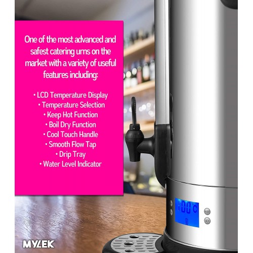 Mylek Urne de restauration numérique 16 L – 66 tasses – Distributeur d'eau en acier inoxydable de qualité supérieure – Café – eau chaude