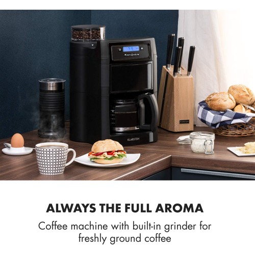KLARSTEIN Aromatica II Duo Machine à café grains Cafetière à grain avec broyeur 1000 W Timer Filtres au charbon actif et permanent Verseuse en verre 1,25L Noir
