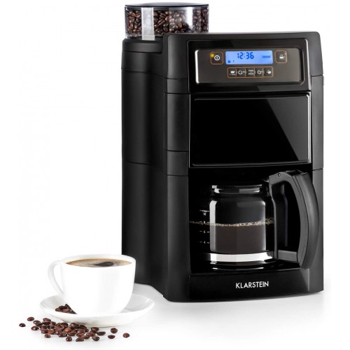 KLARSTEIN Aromatica II Duo Machine à café grains Cafetière à grain avec broyeur 1000 W Timer Filtres au charbon actif et permanent Verseuse en verre 1,25L Noir