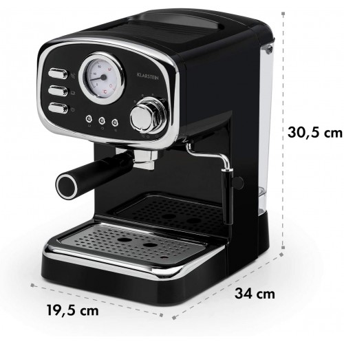 KLARSTEIN Espressionata Gusto Machine expresso Machine à café 1100 W 15 bars Réservoir d'eau 1 L Grille d'égouttement amovible Bac d'égouttement compatible lave-vaisselle Noir