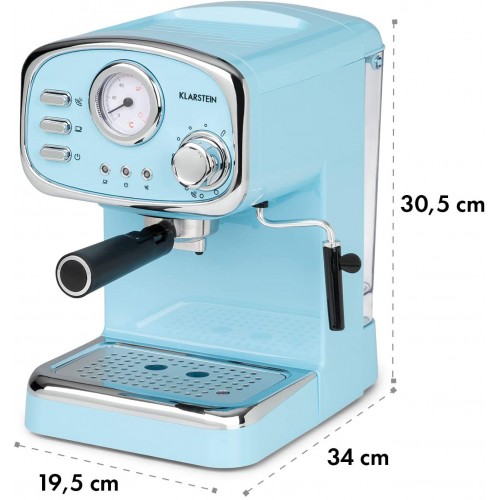 KLARSTEIN Espressionata Gusto Machine expresso Machine à café 1100 W 15 bars Réservoir d'eau 1 L Grille d'égouttement amovible Bac d'égouttement compatible lave-vaisselle Bleu pastel