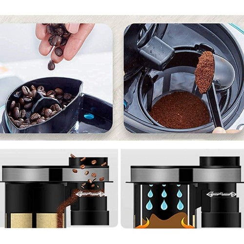 LWHDPW Moulin à café entièrement automatique Machine à café à filtre de 6 tasses Mini machine à café de voyage avec moulin à café et carafe en verre Filtre réutilisable permanent