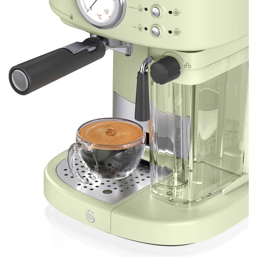 Swan Retro One Touch SK22150GN Machine à Café Express Semi-automatique Espresso et Cappucino 15 Bar Mousseur avec Réservoir à Lait 0,5L 1,7 L Grande ou Petite Tasse Vintage Vert 1200W