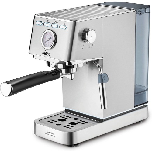 Ufesa CE8030 Milazzo Machine à Café Expresso et Cappuccino avec Manomètre 20 Bars 1350W Système Thermoblock Buse Vapeur 2 Modes: Café Moulu ou Dosettes Réservoir d'1.4L 1 ou 2 Cafés Inox