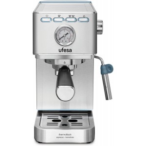 Ufesa CE8030 Milazzo Machine à Café Expresso et Cappuccino avec Manomètre 20 Bars 1350W Système Thermoblock Buse Vapeur 2 Modes: Café Moulu ou Dosettes Réservoir d'1.4L 1 ou 2 Cafés Inox