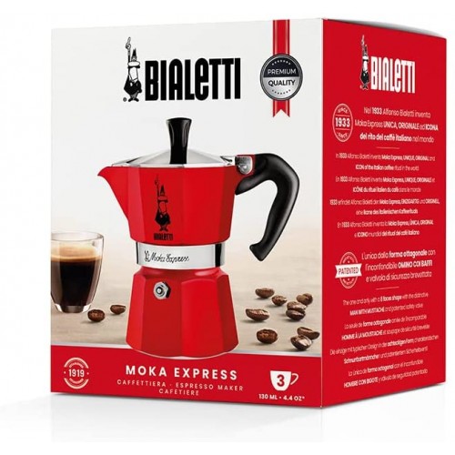 Bialetti Moka Color : machine à expresso emblématique sur la cuisinière fait du vrai café italien pot Moka 3 tasses 130 ml aluminium Rouge