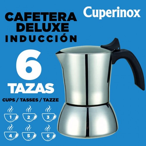 CUPERINOX Cafetière inox Deluxe | Cafetière italienne 6 tasses | cafetière italienne induction en acier inoxydable | poignée anti-brûlure | valve de sécurité