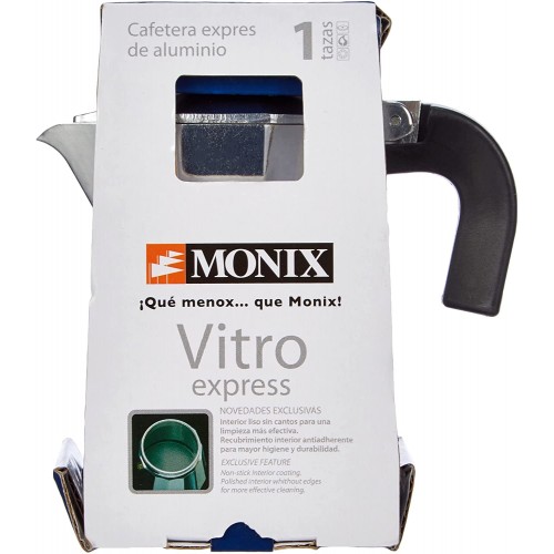 Monix Vitro Expres Cafetière de 1 Tasse Fabriquée en Aluminium Compatible Toutes Sources de Chaleur Sauf Induction