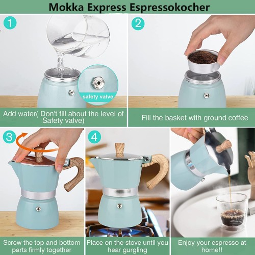 Tiamu Mokka Cafetière italienne à expresso avec plaques de cuisson machine à café Moka Pot italien en aluminium vert moulin à moka Brewer Percolateur pour 3 tasses 150 ml