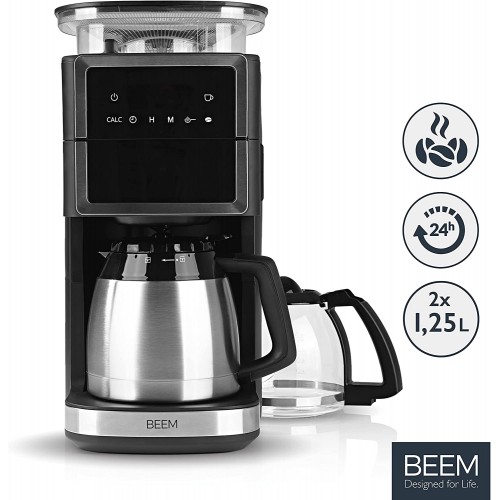 BEEM FRESH-AROMA-PERFECT III Cafetière filtre avec moulin Duo | avec cruche isolée et en verre | moulin à cône et fonction aroma-plus | minuterie de 24 heures | jusqu'à 10 tasses chacune