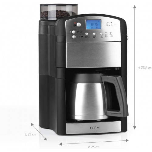 BEEM Fresh-Aroma-Perfect Thermolux | Machine à café avec Moulin pour café en Grain et café moulu | Cafetière Isotherme de 1,25 l | Filtre Permanent | Minuterie [1000 W Argent]