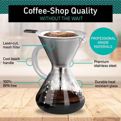 Coffee Gator 'Cafetière Pour Over avec filtre longue durée en acier inoxydable et Carafe. Dripper pour infuser du café. 800ml