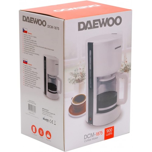 DAEWOO DCM-1875 Cafetière à filtre | 1200 ml 900 W | Assiette garder au chaud | Filtre permanent réutilisable en plastique lavable et porte-filtre