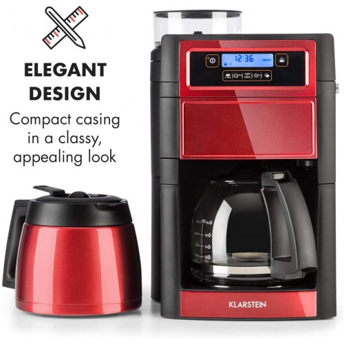 KLARSTEIN Aromatica II Duo Machine à café grains Cafetière à grain avec broyeur 1000 W Timer Filtres au charbon actif et permanent Verseuse en verre 1,25L Thermos 1,25L Rouge