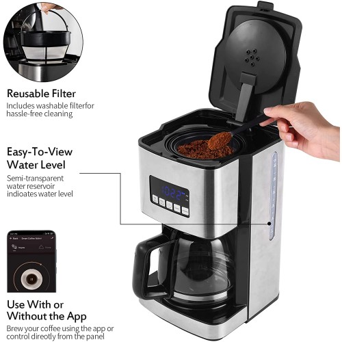 Machine à café SYSYLY Smart WiFi Cafetière Filtre,argent acier inoxydable carafe 12 tasses filtre réutilisable compatible avec Alexa Google iOS Android Wi-Fi et l'application Smart Life