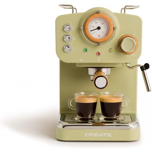 CREATE THERA RETRO Machine à café express vert pour espresso et cappuccino 1100 W 15 bars vapeur réglable capacité de 1,25 l café moulu et en portions individuelles avec double sortie