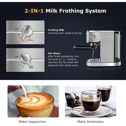 FRESKO – Machine à espresso 1350 watts Réservoir d'eau transparent 1 L 15 bars avec double bec，avec un mousseur à lait professionnel，qualité de barista.Design exclusif.