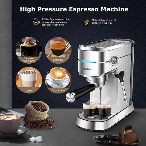 FRESKO – Machine à espresso 1350 watts Réservoir d'eau transparent 1 L 15 bars avec double bec，avec un mousseur à lait professionnel，qualité de barista.Design exclusif.