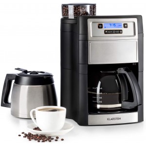 KLARSTEIN Aromatica II Duo Machine à café grains Cafetière à grain avec broyeur 1000 W Timer Filtres au charbon actif et permanent Verseuse en verre 1,25L Thermos 1,25L Argent