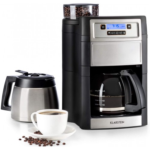 KLARSTEIN Aromatica II Duo Machine à café grains Cafetière à grain avec broyeur 1000 W Timer Filtres au charbon actif et permanent Verseuse en verre 1,25L Thermos 1,25L Argent