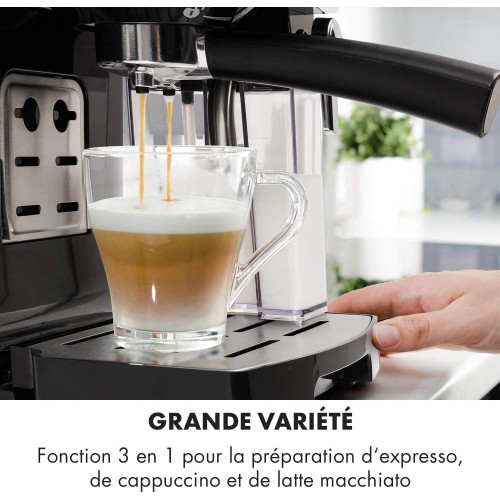 KLARSTEIN BellaVita Cafetière Machine à café Expresso 20 bars de pression Réservoir d'eau amovible Capacité de 1,4L Cappuccino ou latte macchiato Mousseur à lait Buse amovible Gris