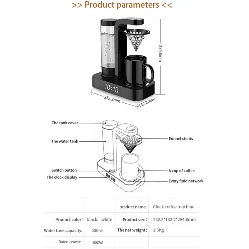 Machine à café Horloge entièrement automatique Bureau américain Drip Mini Cafetière machine Cafetières HANDPUNCH ménagers anti-goutte Fonction 600W,Blanc
