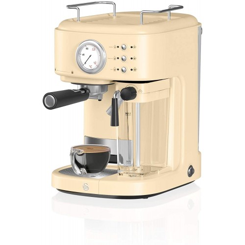 Swan Retro One Touch SK22150CN Machine à Café Express Semi-automatique Espresso et Cappucino 15 Bar Mousseur avec Réservoir à Lait 0,5L 1,7 L Grande ou Petite Tasse Vintage Crème 1200W