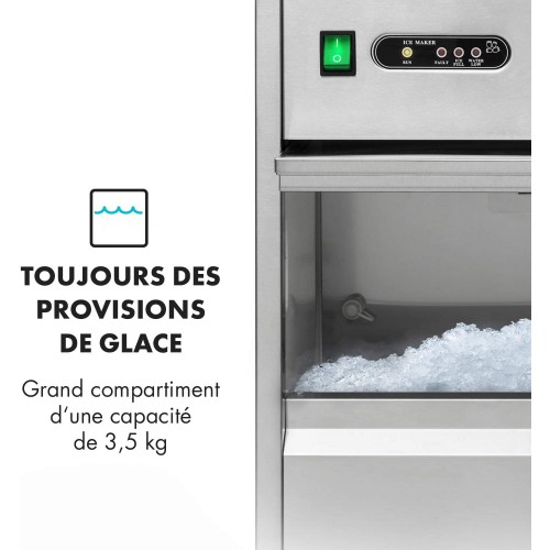 Klarstein Frostica Machine à glaçons convient pour un usage professionnel forme de glace: flocons produit 20kg 24h capacité de glace: 3,5 kg statut LEDs acier inox argent