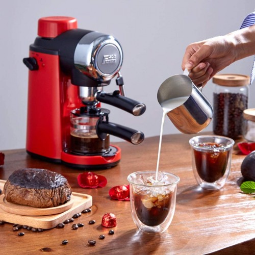DPPAN Machine à café 2 Tasses avec Bouteille en Verre Cafetières avec mousseur à Lait en Acier Inoxydable,Red