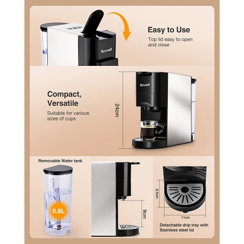 machines à café TICWELL capsule machines 4en1 multi capsule Quantité de café automatique et programmable arrêt automatique pour Nespresso Dolce Gusto machines,Pods |1450W | 0,8L