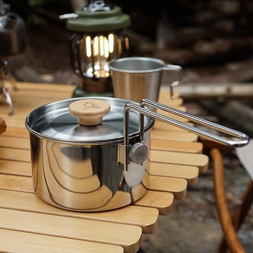 Bisenty Pot de Camping Batterie de Cuisine de Camping en Acier Inoxydable | Bouilloire à thé Camp avec poignée Pliante marmite légère pour la randonnée randonnée 1 Litre