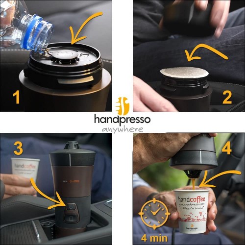 Handpresso – Coffret Cafetiere portable 12V Handcoffee Auto Set 21002 Machine a cafe portable à dosette Senseo pour voiture 12V avec sac et tasse. Cafetiere Senseo allume-cigare pour le voyage.